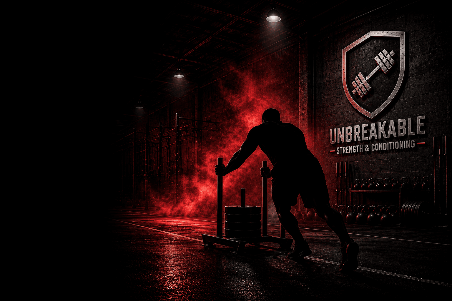 Athlete pushing a weighted sled inside the Unbreakable gym