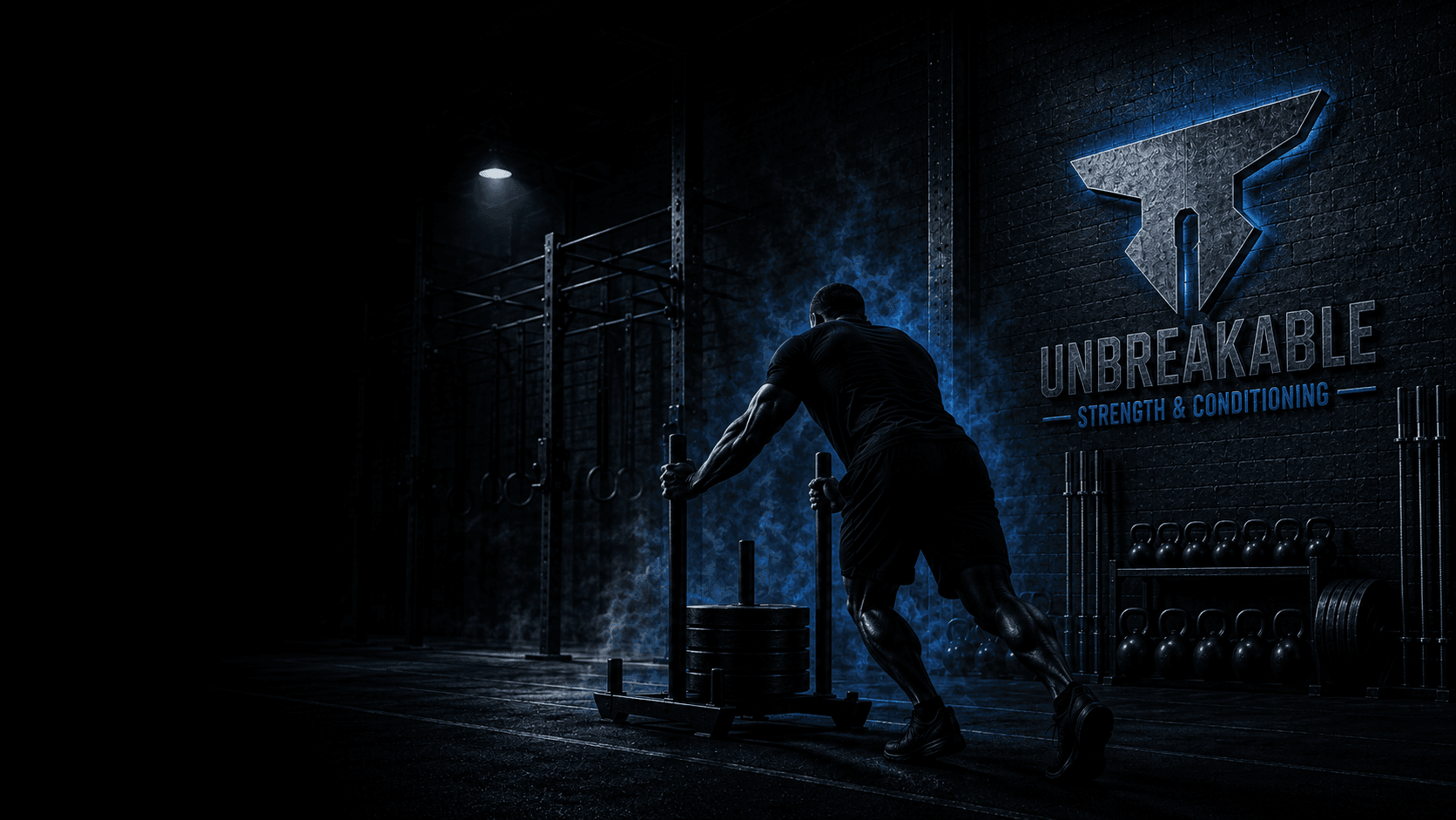 Athlete pushing a weighted sled inside the Unbreakable gym